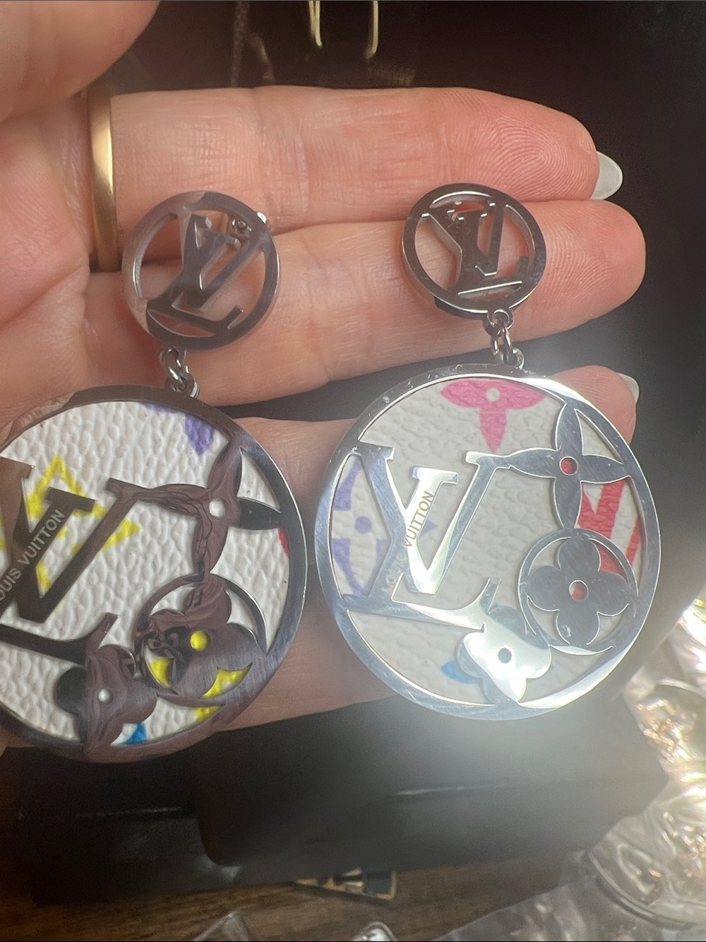 Stainless Steel Silver White Multicolor Disc Dangle Earrings